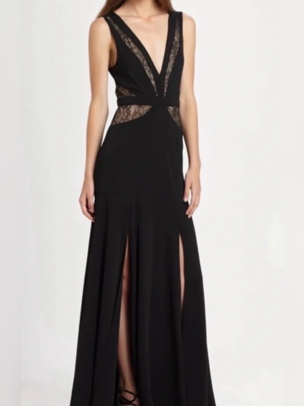 BCBG MAX AZRIA Elegant Black Lace-Accent V-Neck Evening Gown NWT - Picture 2 of 5